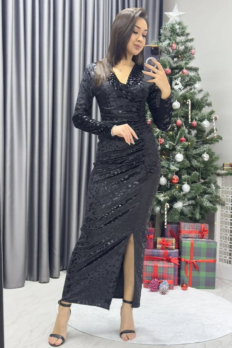 Women's Black Draped Velvet Midi Pencil Dress - the ZKS