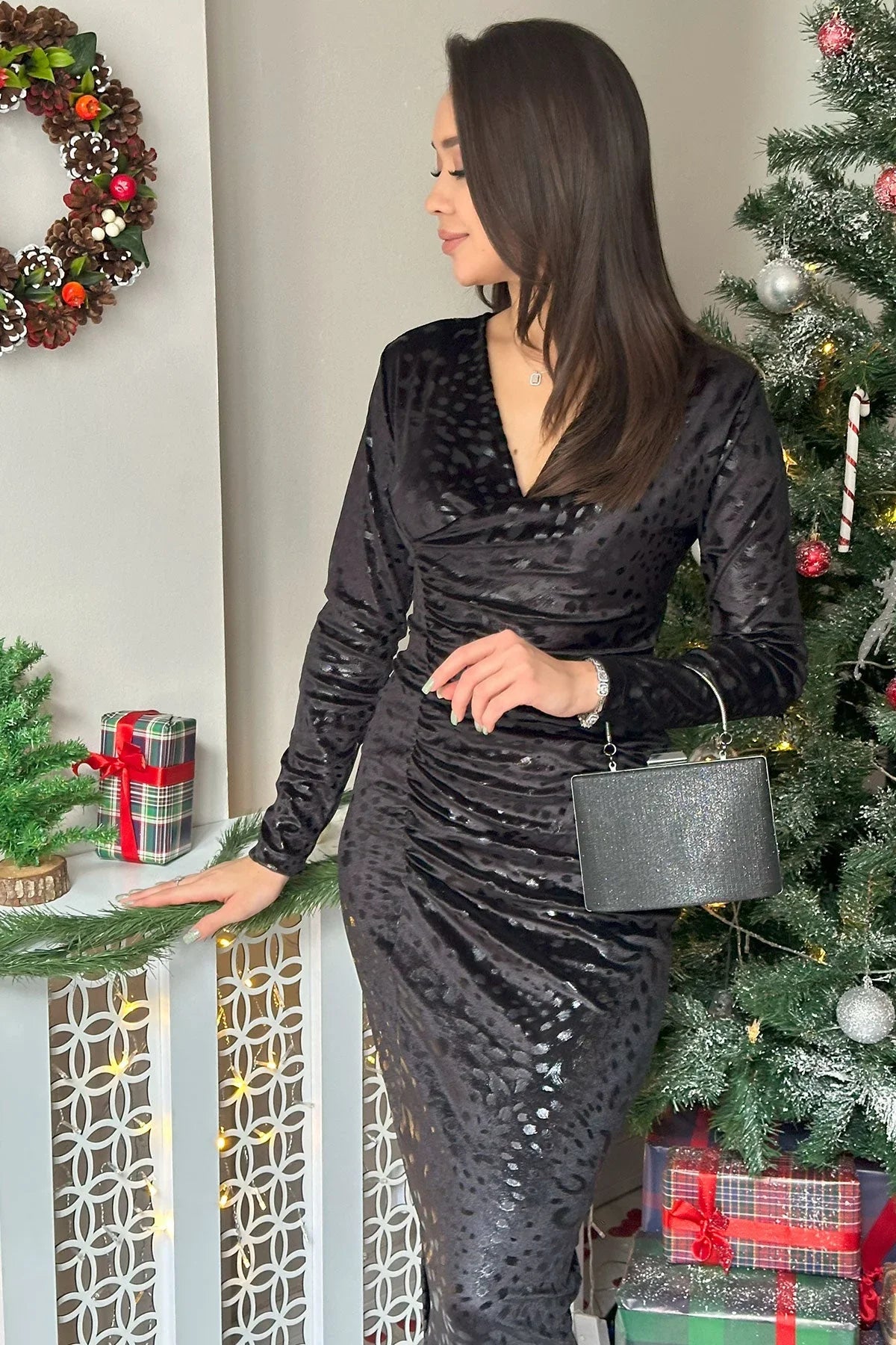 Women's Black Draped Velvet Midi Pencil Dress - the ZKS