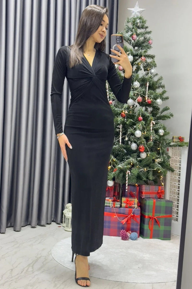 Women's Black Wrap Neck Ön Büzgü Detail Long Sleeve Dress - the ZKS