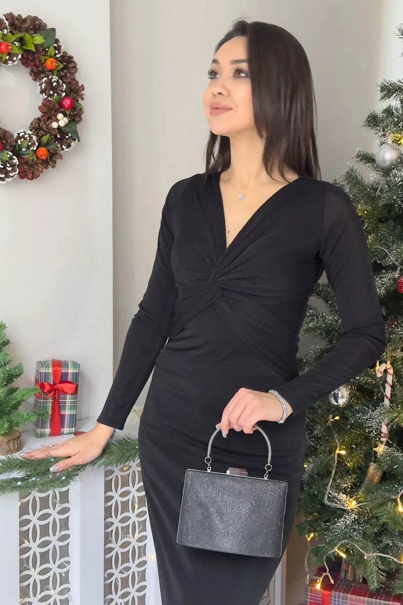 Women's Black Wrap Neck Ön Büzgü Detail Long Sleeve Dress - the ZKS