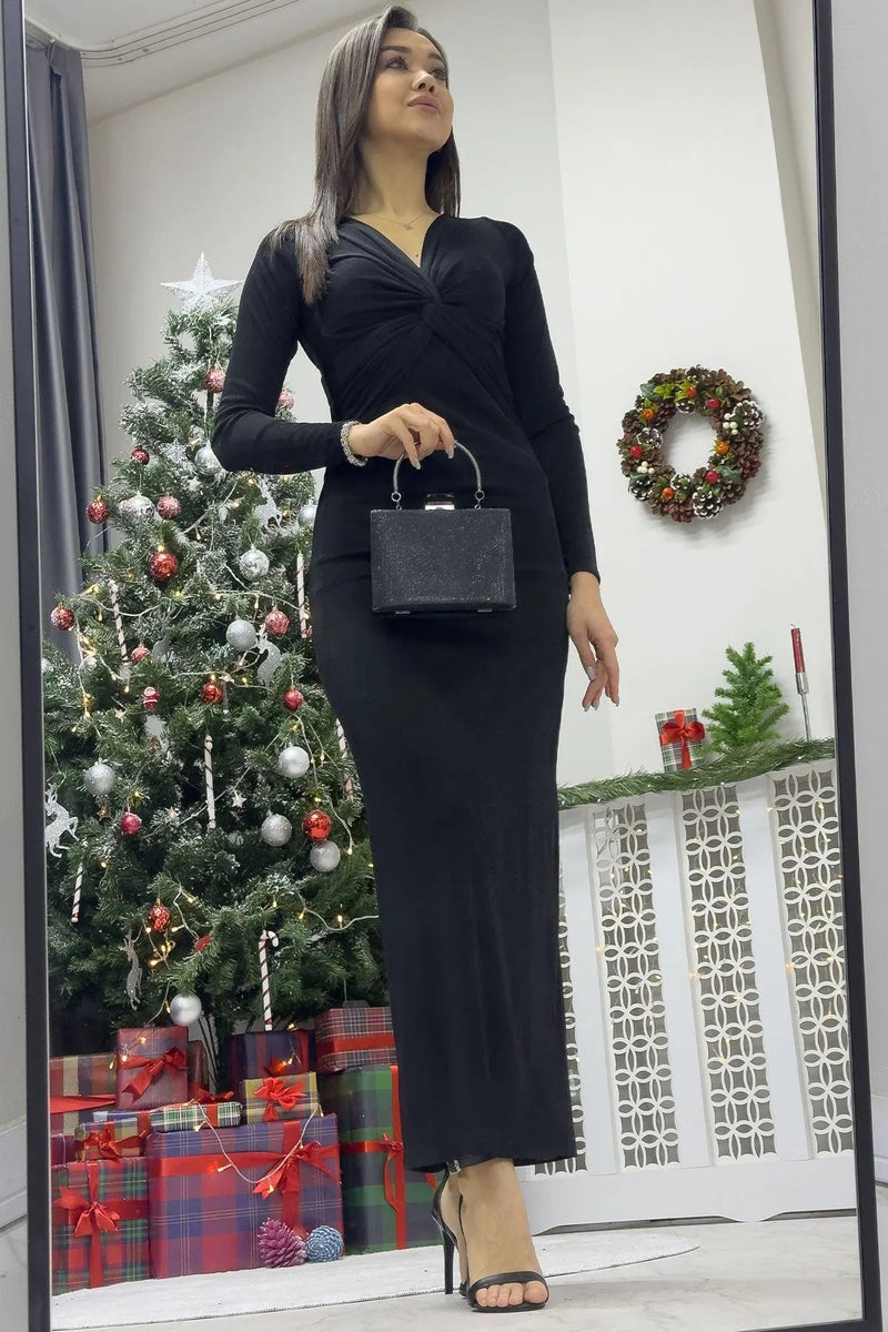 Women's Black Wrap Neck Ön Büzgü Detail Long Sleeve Dress - the ZKS