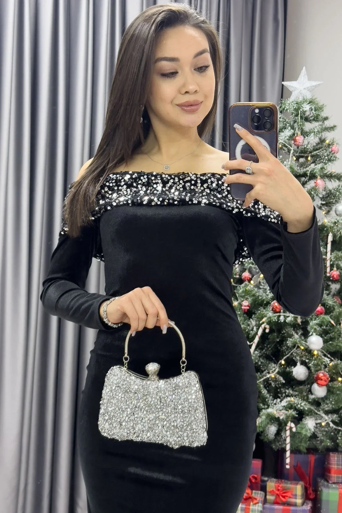 Women's Black Midi Velvet Carmen Sequin Detail Dress - the ZKS