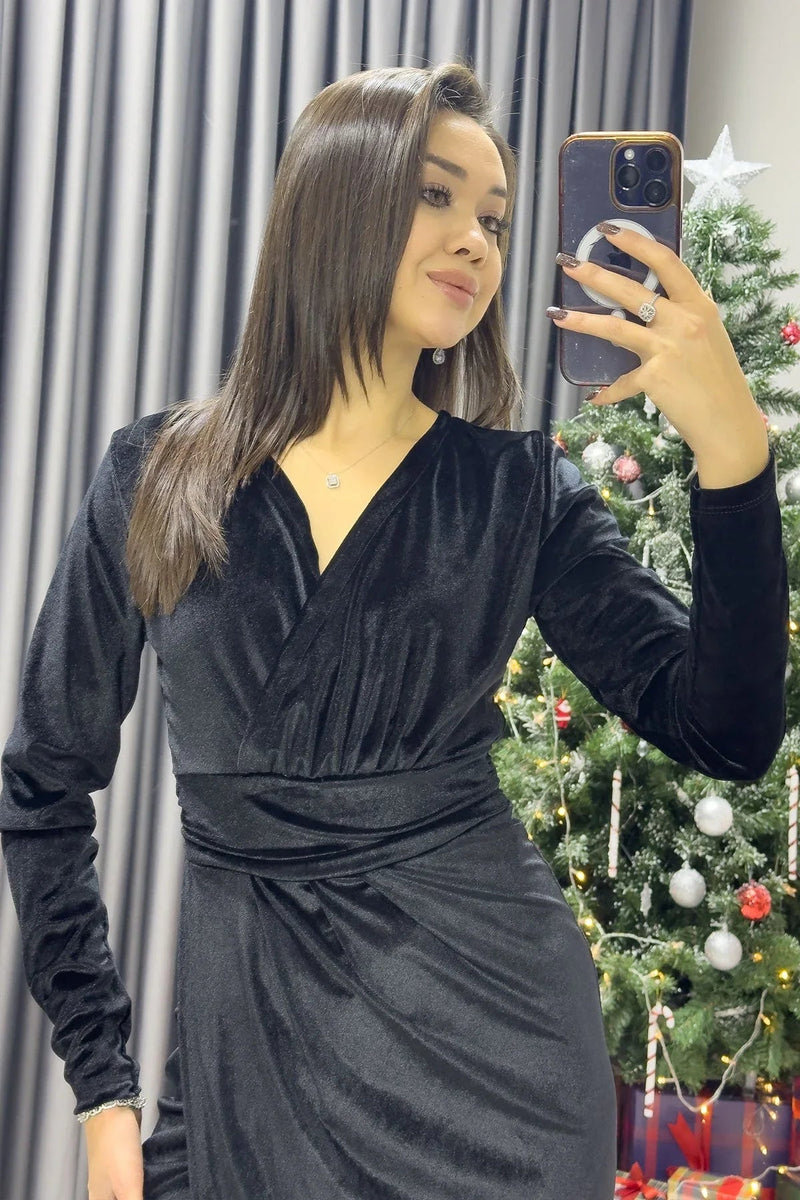Women's Black Midi Slit Wrap Plus Size Velvet Dress - the ZKS