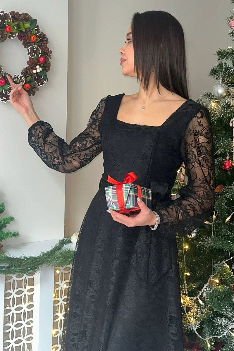 Women's Black Midi Lace Dress - the ZKS