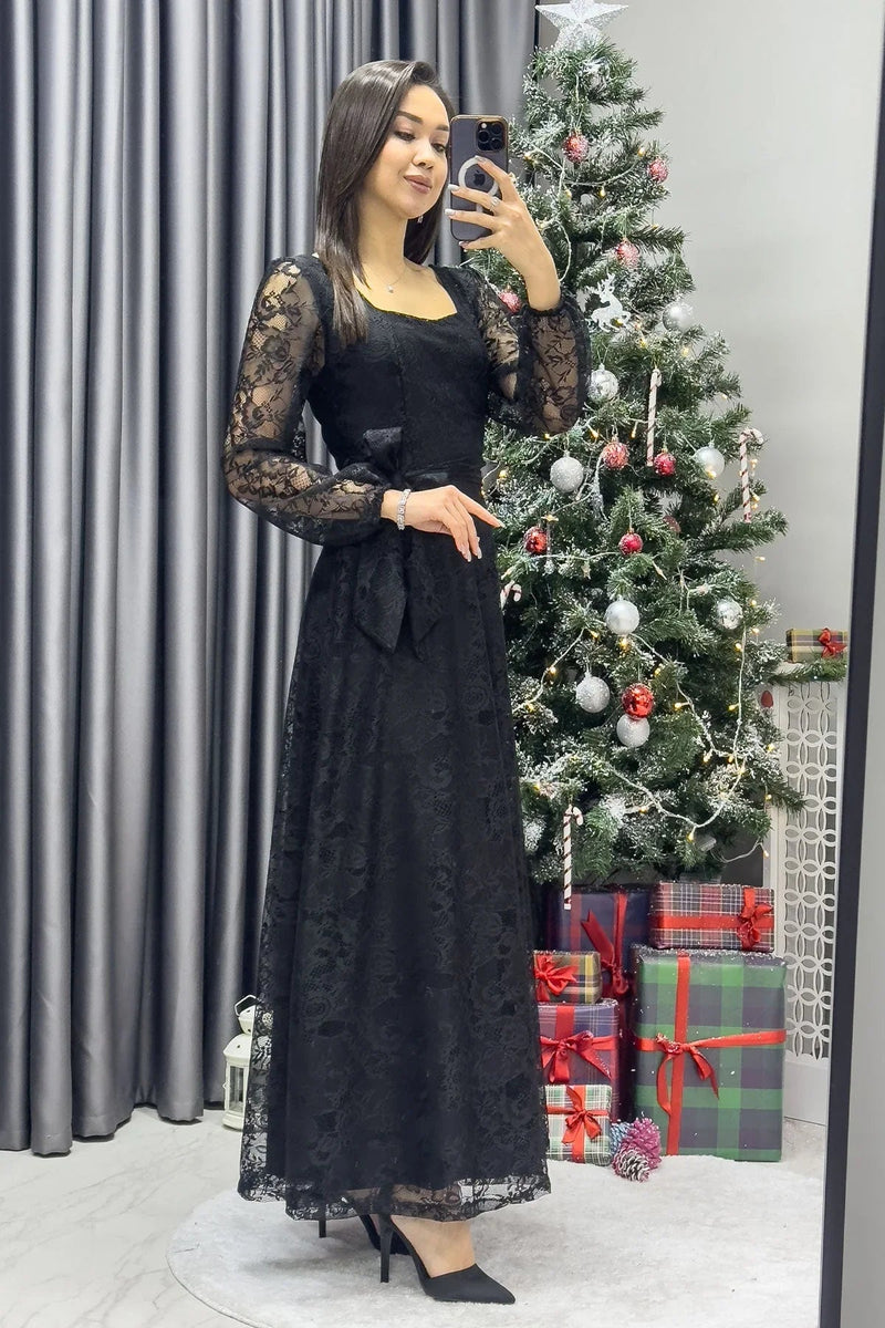 Women's Black Midi Lace Dress - the ZKS