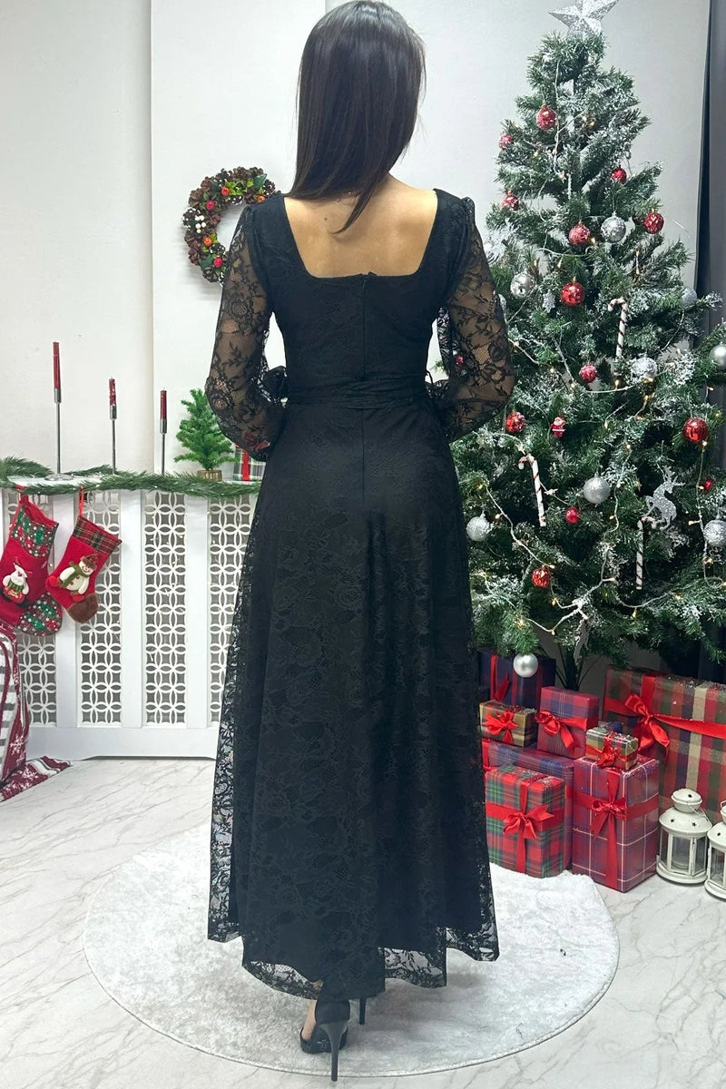Women's Black Midi Lace Dress - the ZKS