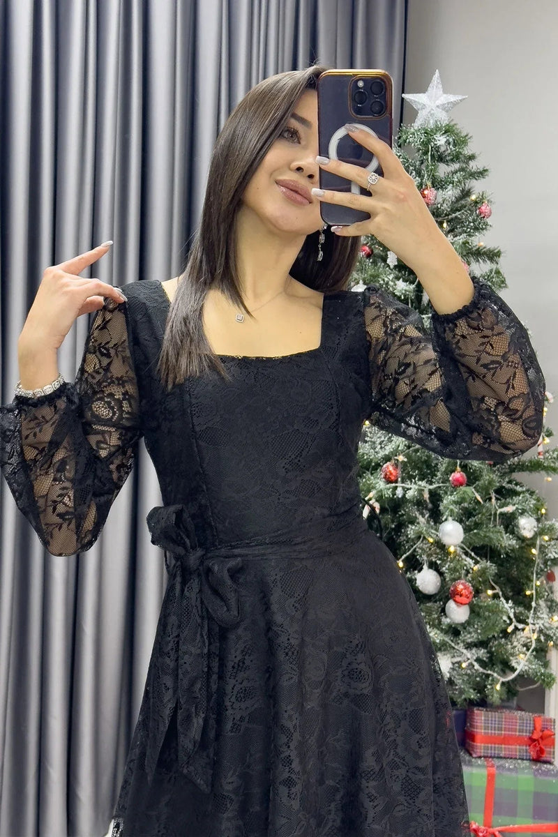 Women's Black Midi Lace Dress - the ZKS