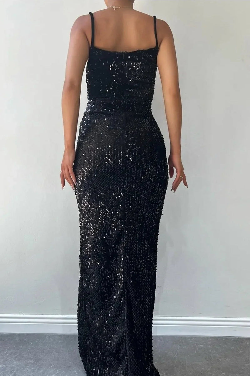 Women's Black Pulpayet Ayarlanabilir Strap Slit Pencil Form Plus Size Evening Gown