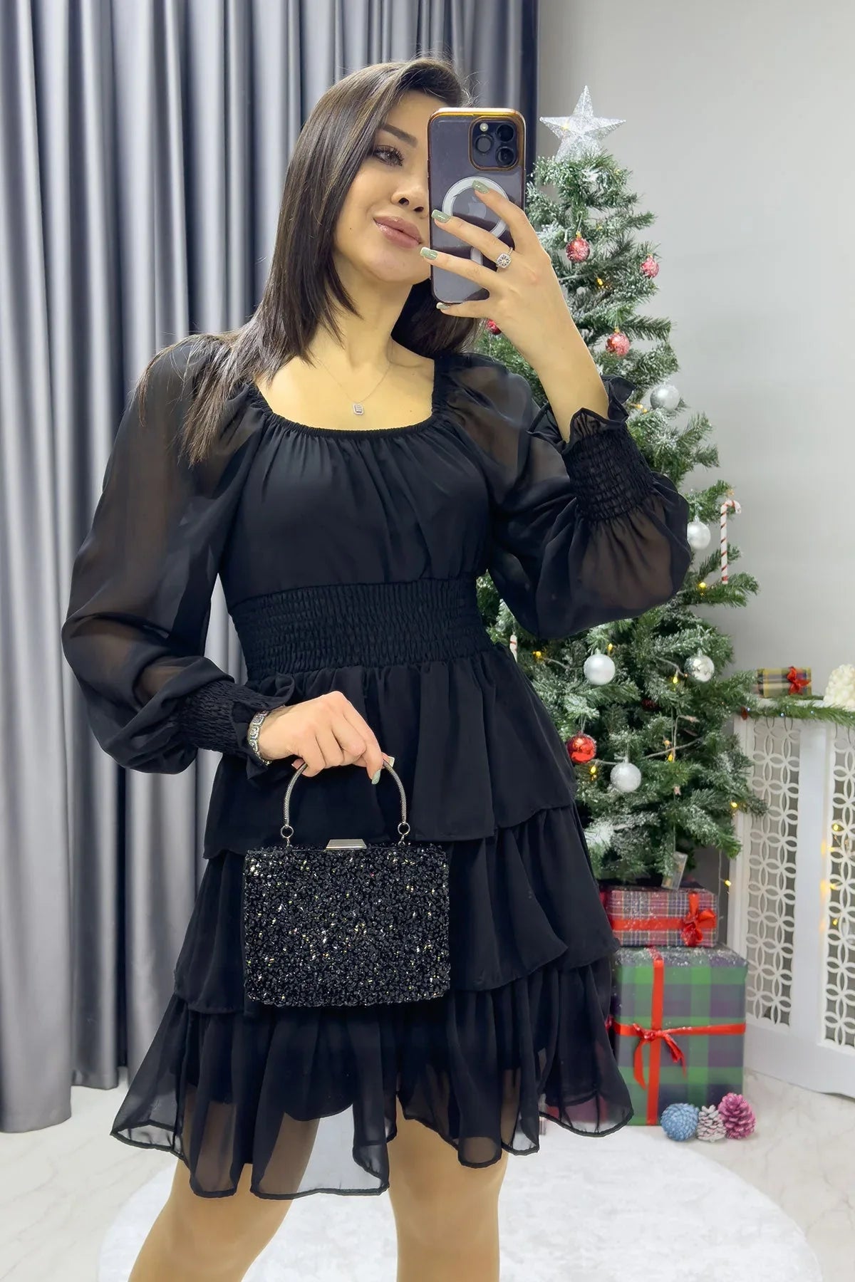 Women's Black Long Sleevelu Gipeli Ruffle Skirt Chiffon Dress - the ZKS