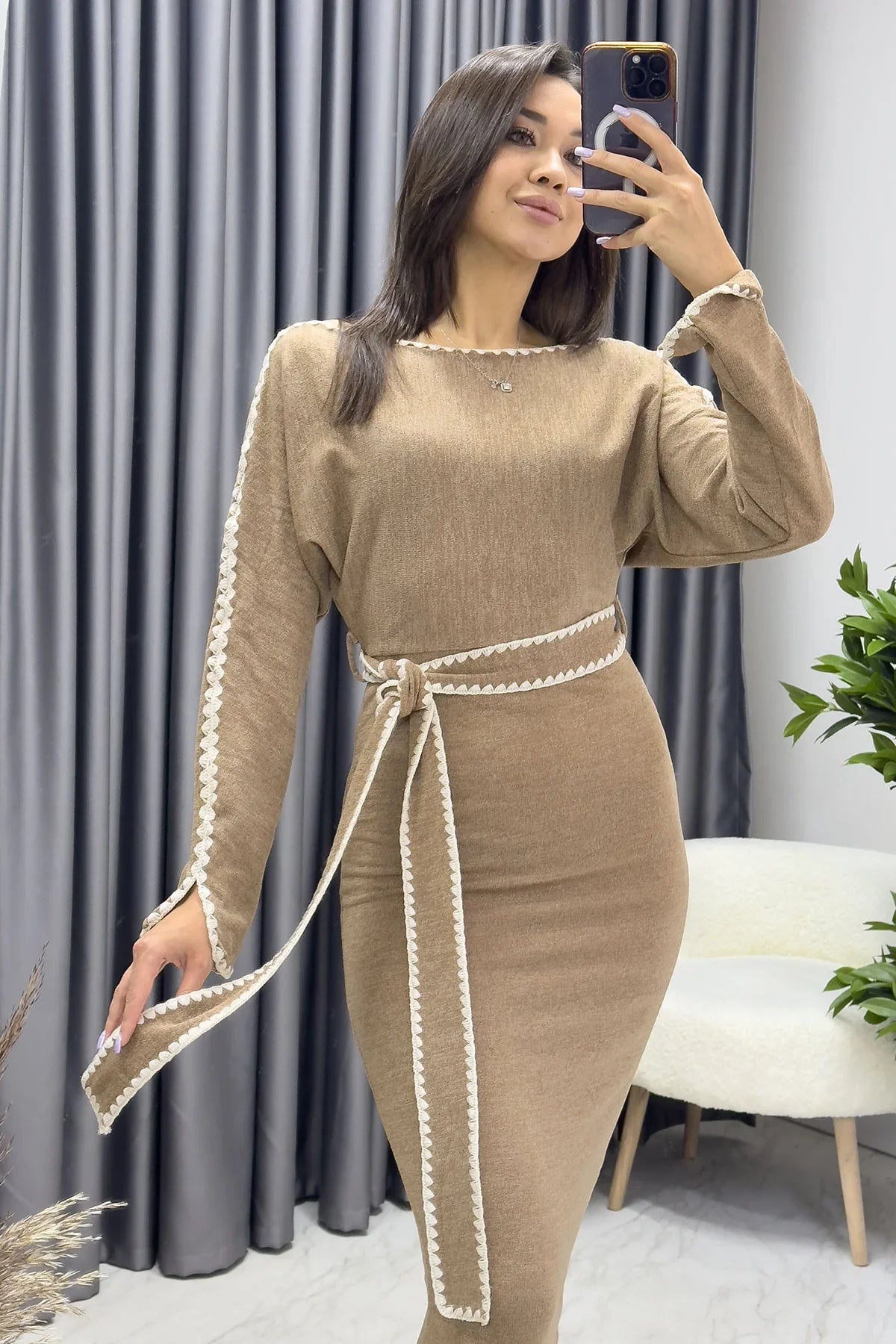 Women's Beige Knitwear Belted Long Sleeve Pencil Dress