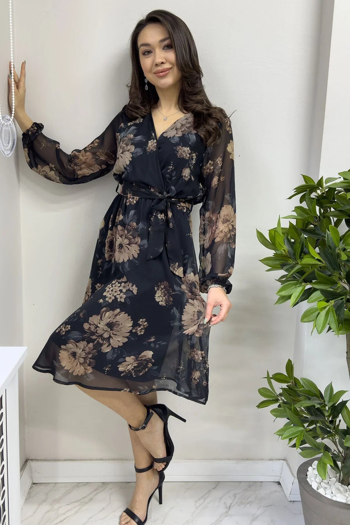 Women's Brown Floral Wrap Neck Chiffon Plus Size Short Dress - the ZKS