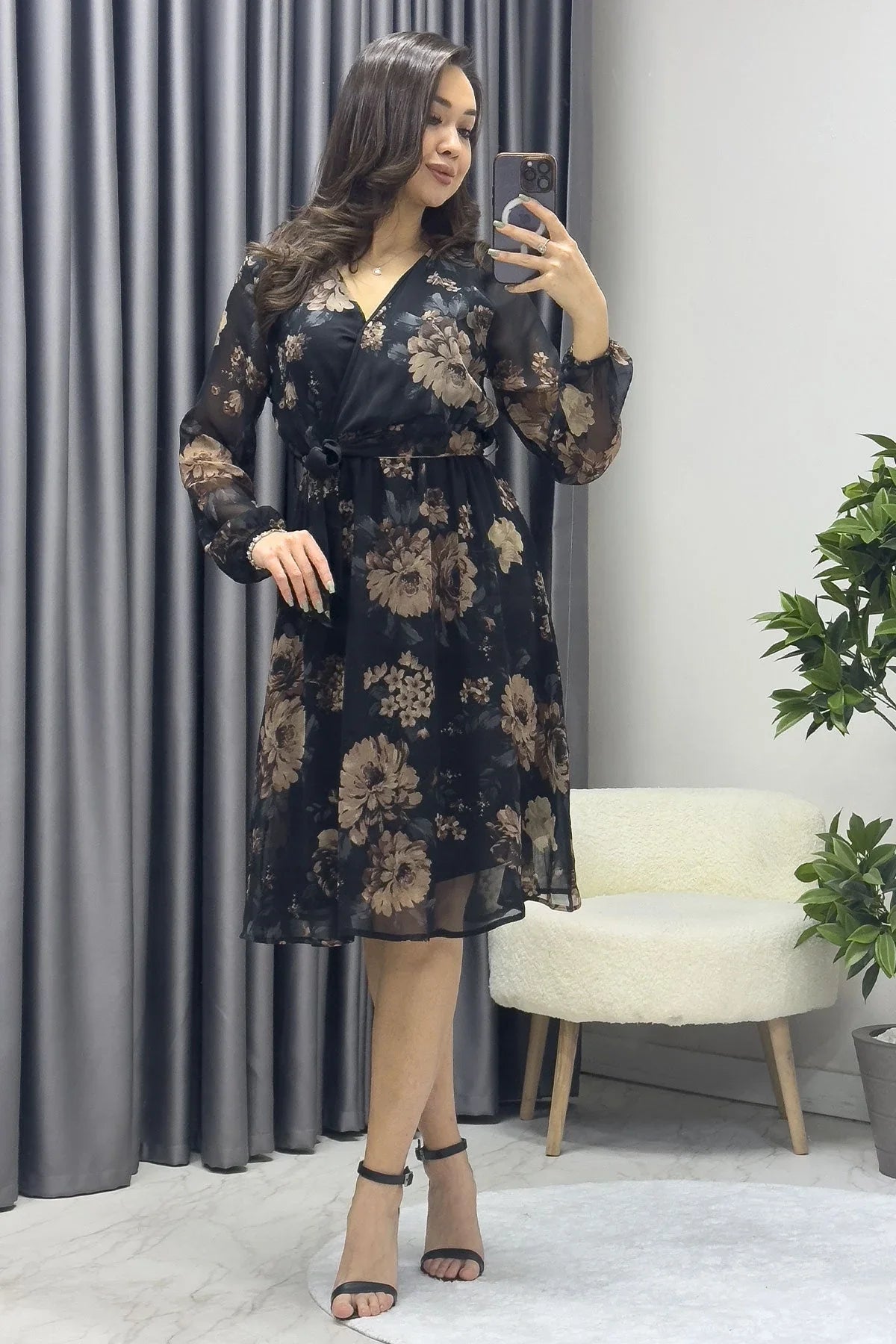 Women's Brown Floral Wrap Neck Chiffon Plus Size Short Dress - the ZKS