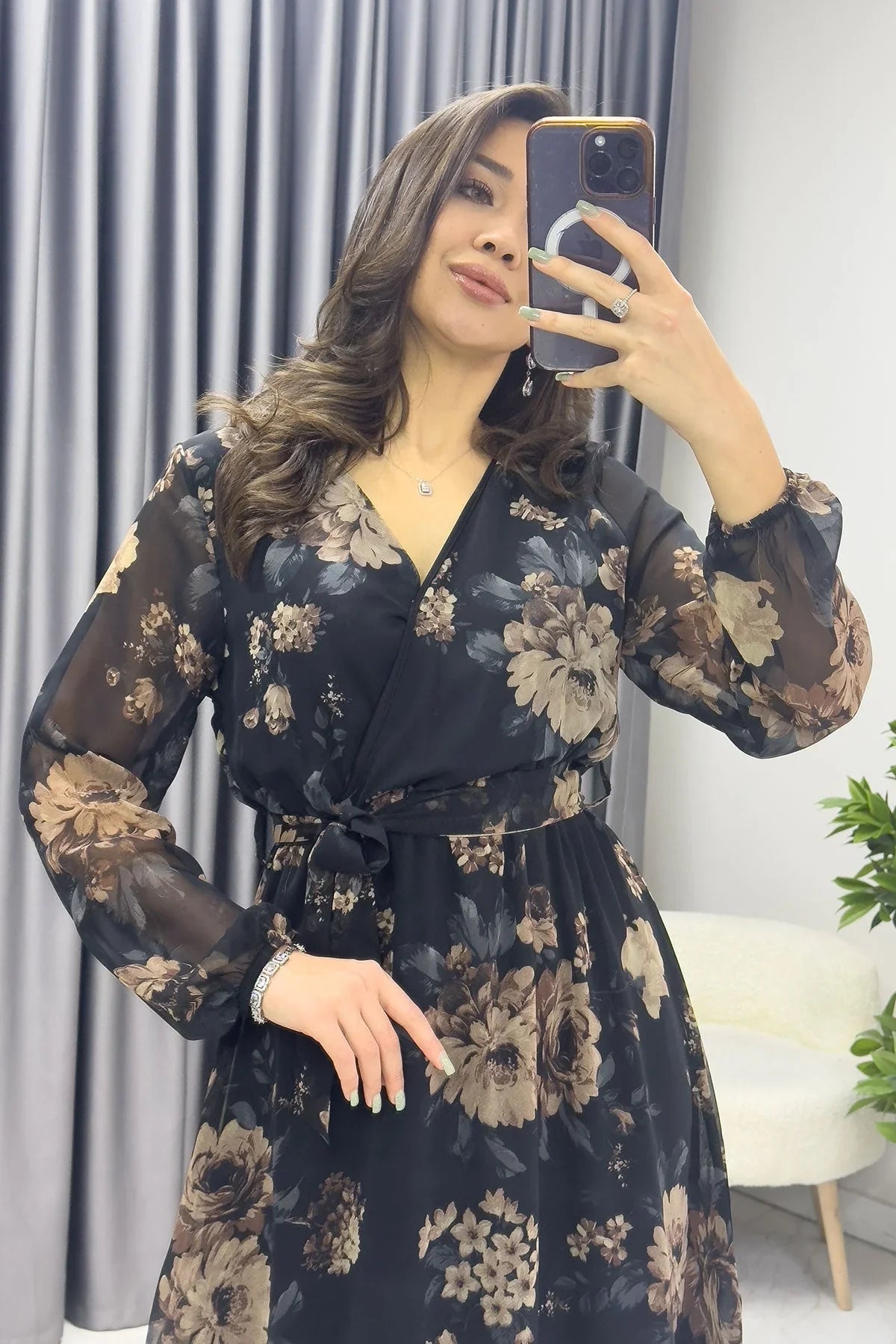 Women's Brown Floral Wrap Neck Chiffon Plus Size Short Dress - the ZKS