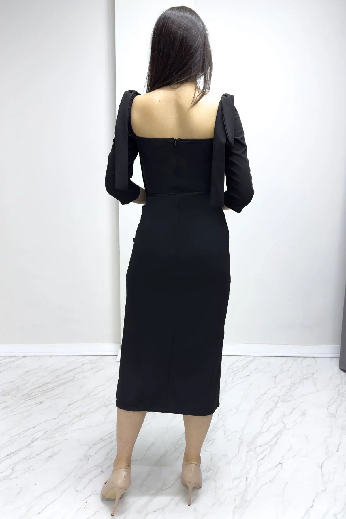 Women's Black White Detail Midi Pencil Dress