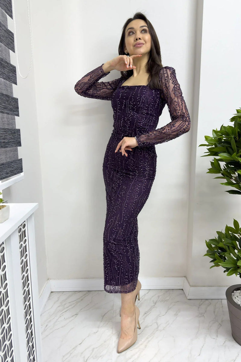 Women's Purple Square Neck Glitter Long Sleeve Midi Evening Gown