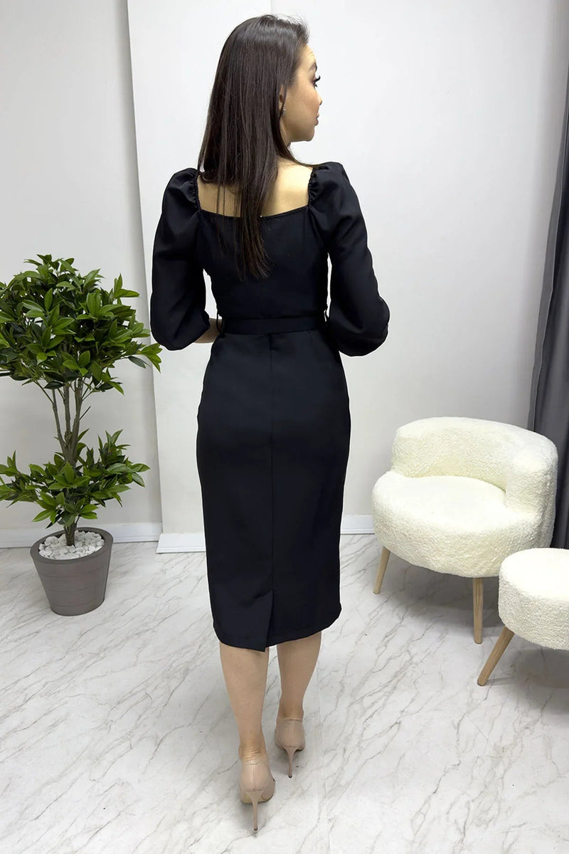 Women's Black Belted Düğme Detail Balloon Sleeve Pencil Dress