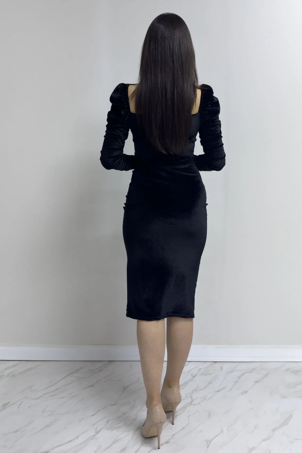 Women's Black Sweetheart Neck Draped Velvet Yeni Sezon Evening Gown