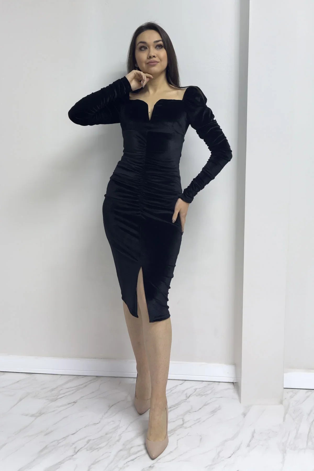 Women's Black Sweetheart Neck Draped Velvet Yeni Sezon Evening Gown