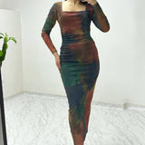 Batik Square Neck Patterned Midi Tulle Dress