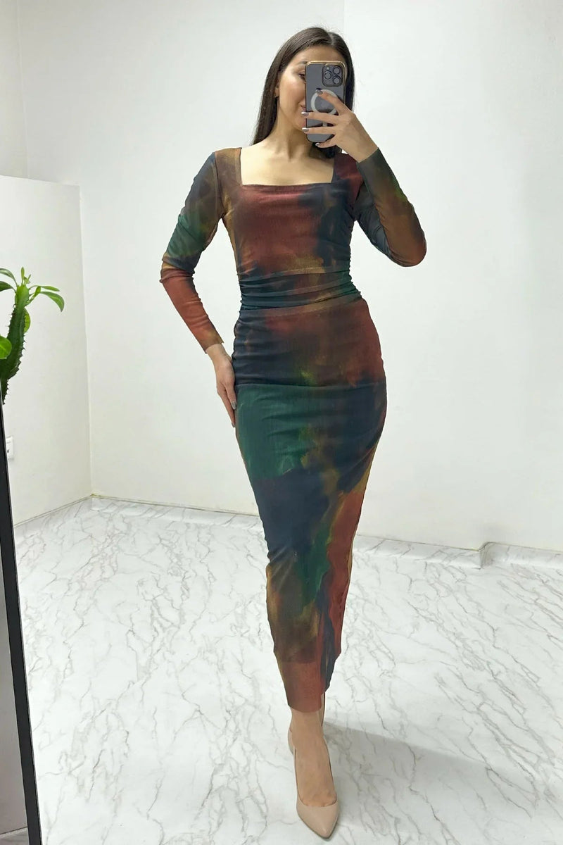 Women's Square Neck Stretch Tie-Dye Tulle Dress