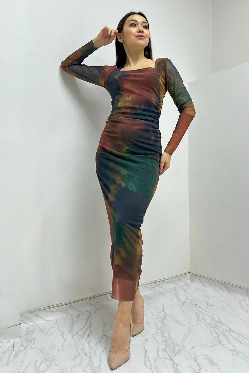 Women's Square Neck Stretch Tie-Dye Tulle Dress