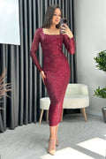Burgundy Square Neck Sequin Evening Dress