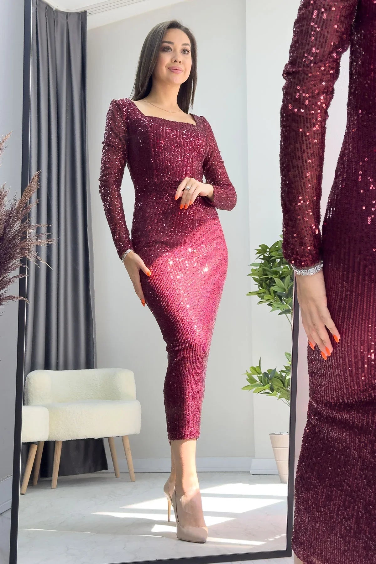Women's Burgundy Square Neck Sequin Evening Gown