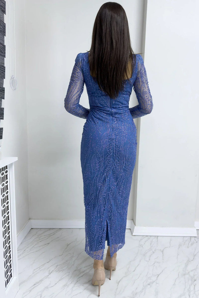 Women's Indigo Square Neck Gold Glitter Long Sleeve Midi Evening Gown