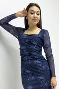 Navy Blue Square Neck Patterned Midi Tulle Dress