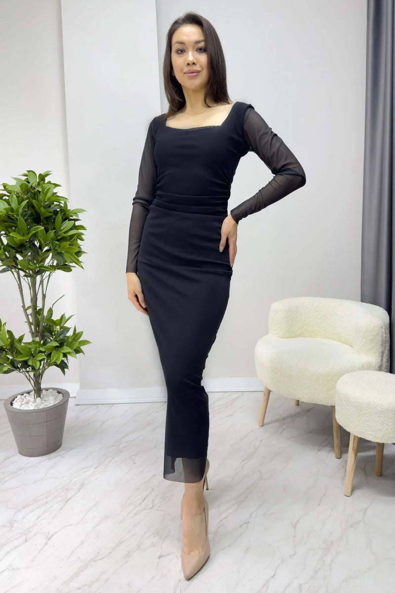 Women's Black Square Neck Stretch Tie-Dye Tulle Dress