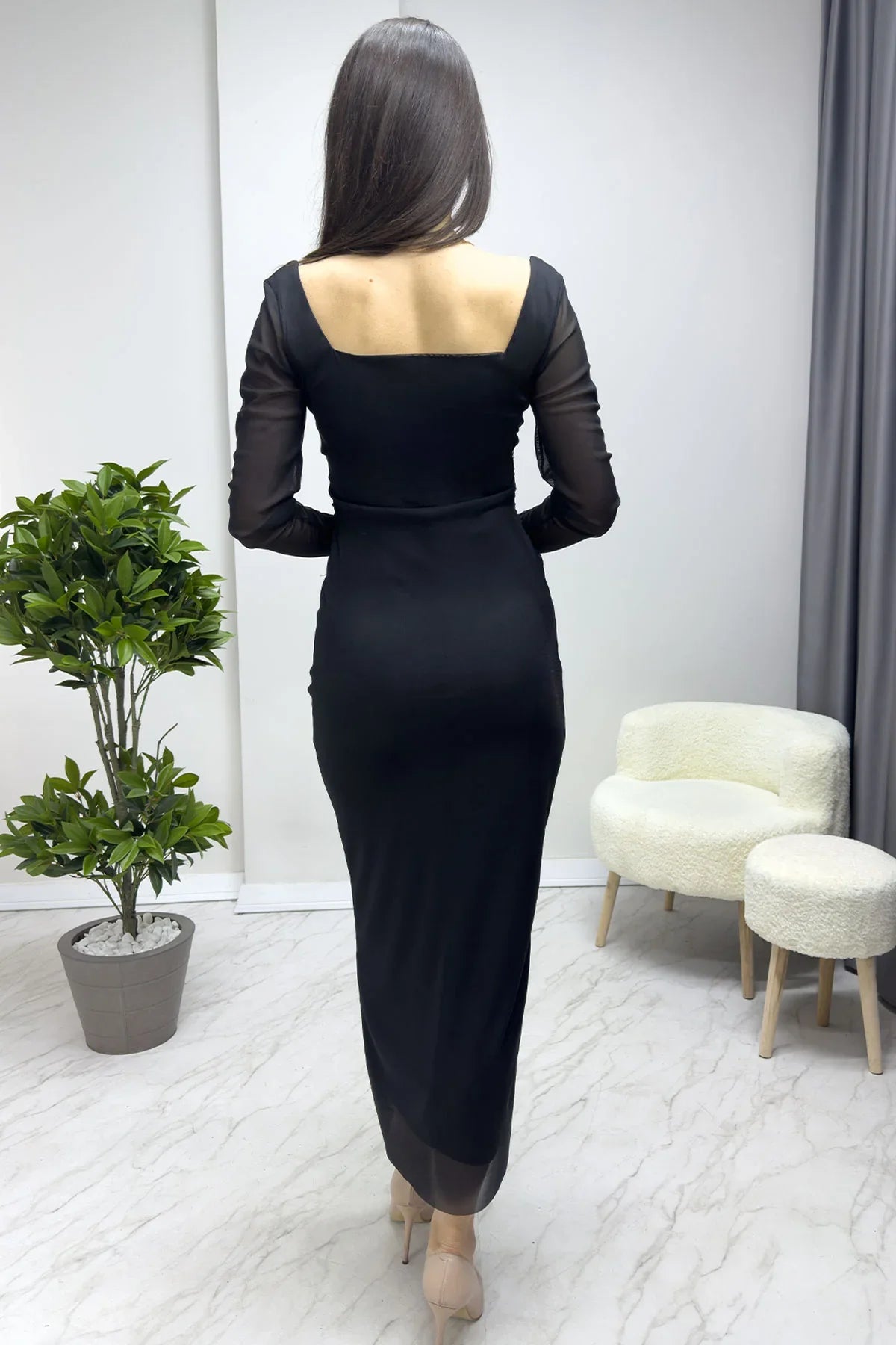 Women's Black Square Neck Stretch Tie-Dye Tulle Dress