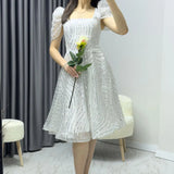 White Flared Sequin Evening Dress