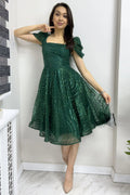 Emerald Green Flared Sequin Evening Dress