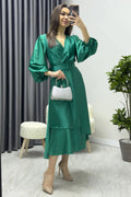 Emerald Green Belted Satin Evening Dress