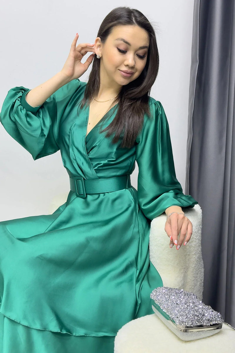 Women's Emerald Green Belted Satin Plus Size Evening Gown