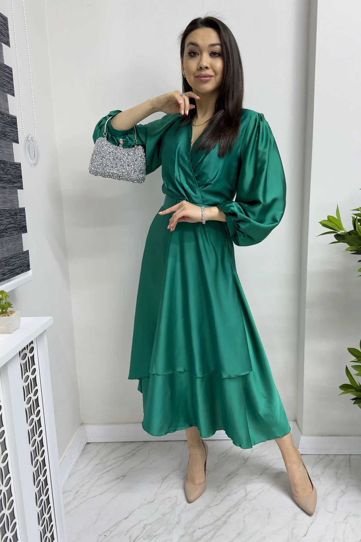 Women's Emerald Green Belted Satin Plus Size Evening Gown