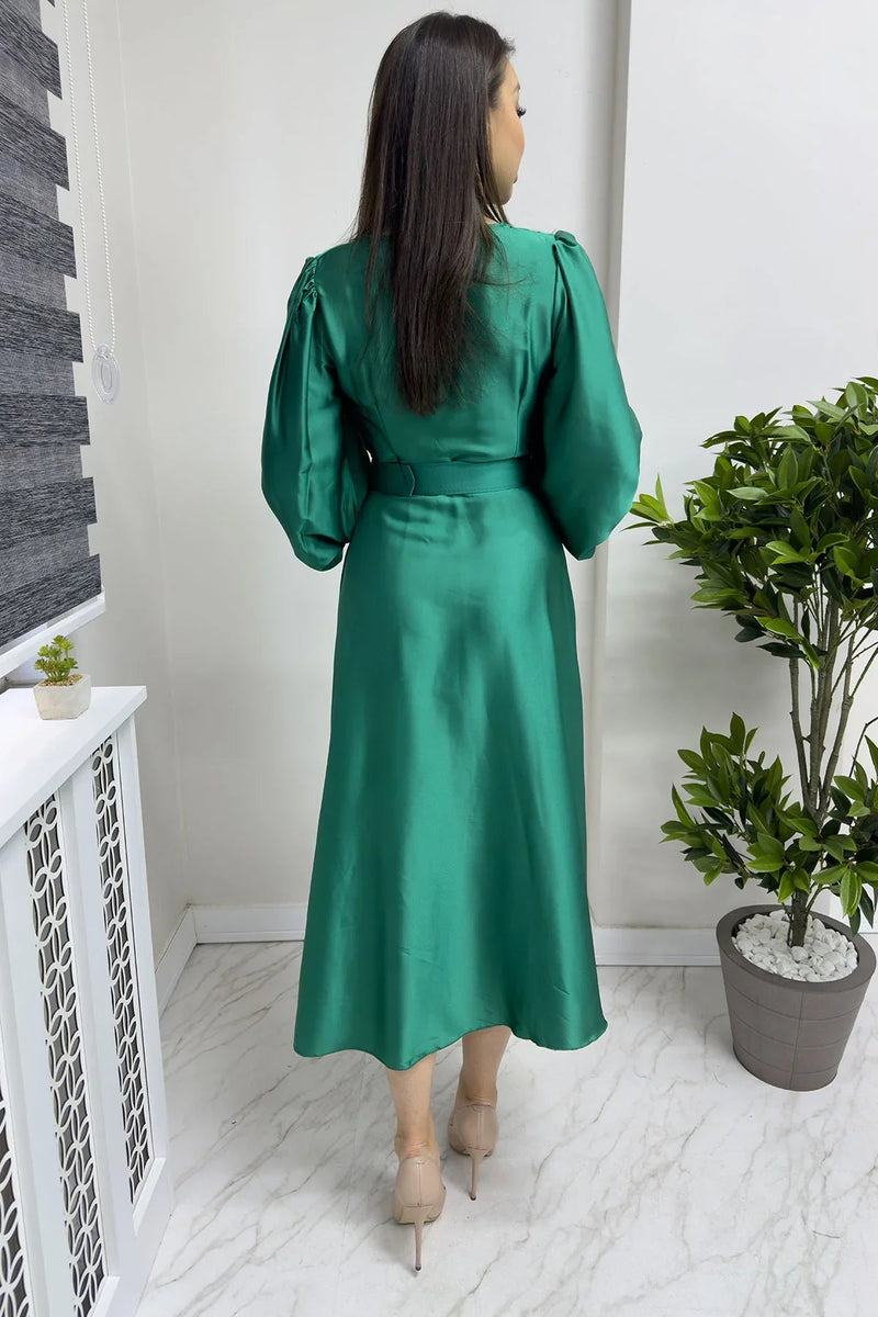 Women's Emerald Green Belted Satin Plus Size Evening Gown