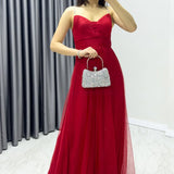 Red Stone Strap Maxi Evening Dress