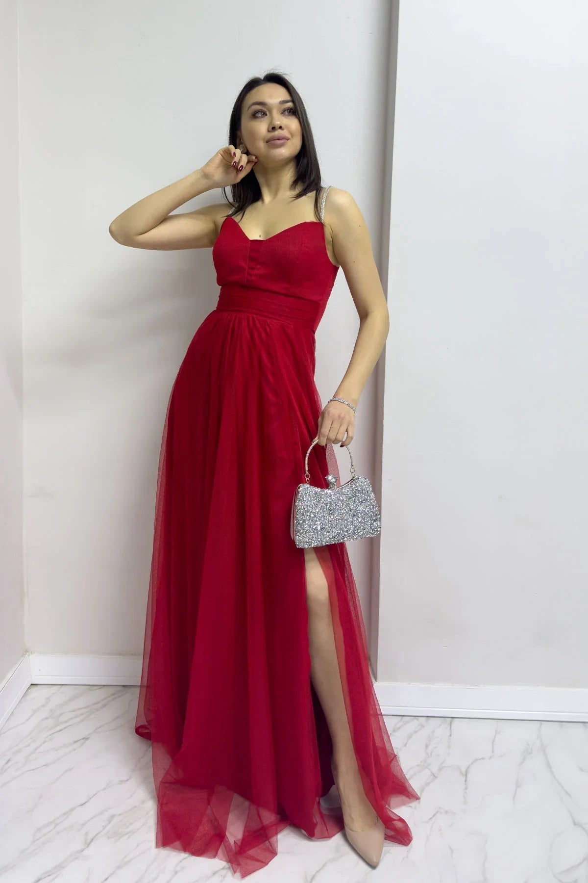 Women's Red Taş Strap Ayarlanabilir Slit Plus Size Evening Gown