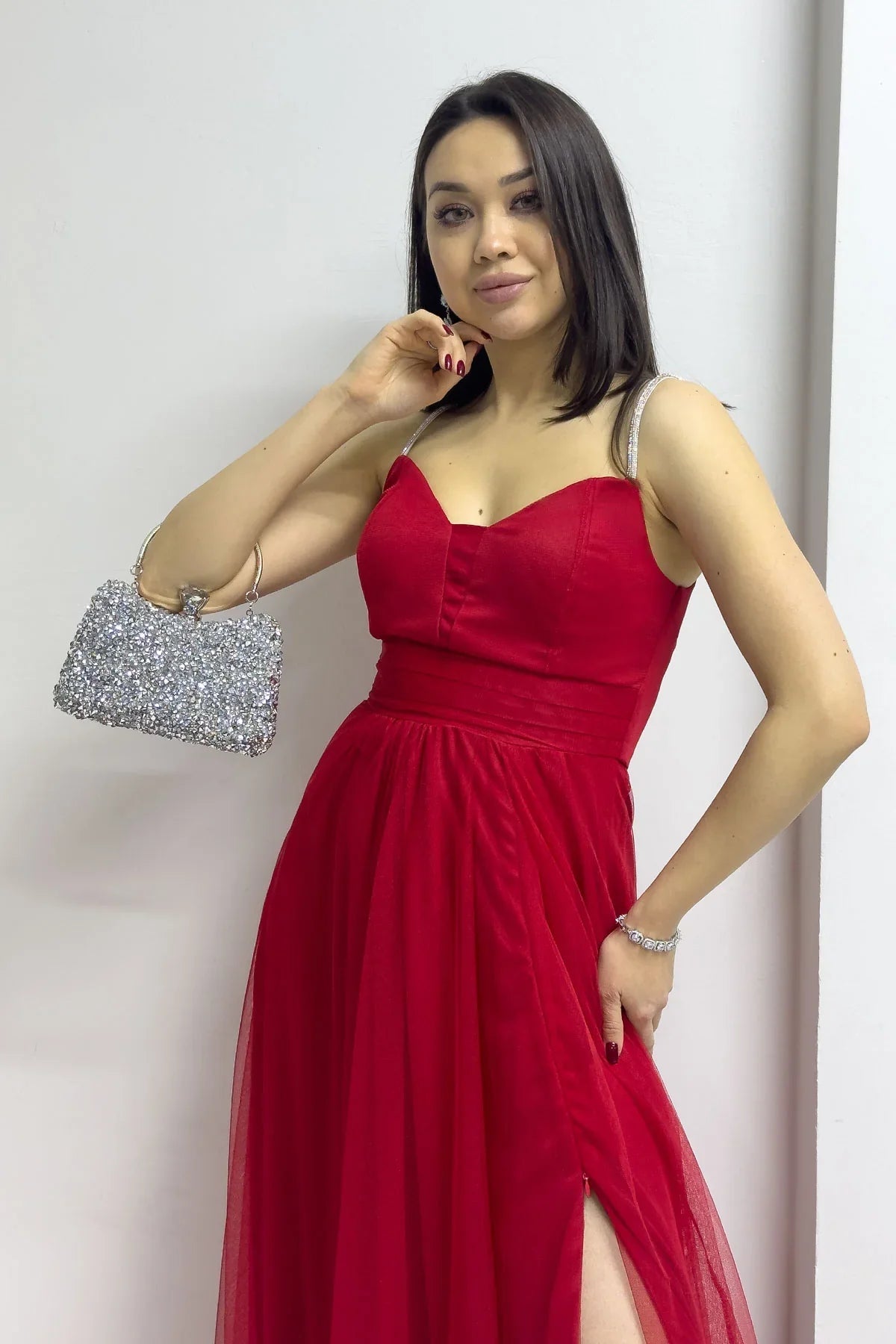 Women's Red Taş Strap Ayarlanabilir Slit Plus Size Evening Gown