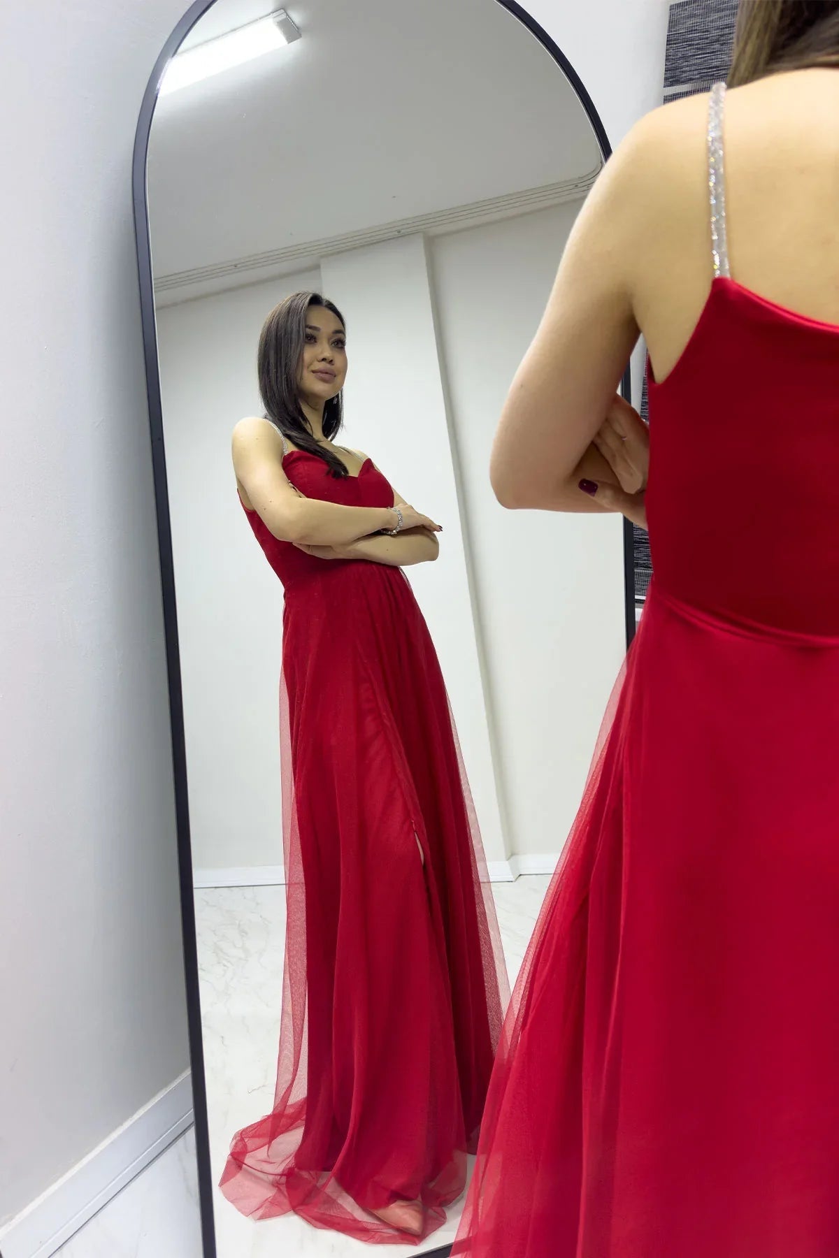 Women's Red Taş Strap Ayarlanabilir Slit Plus Size Evening Gown