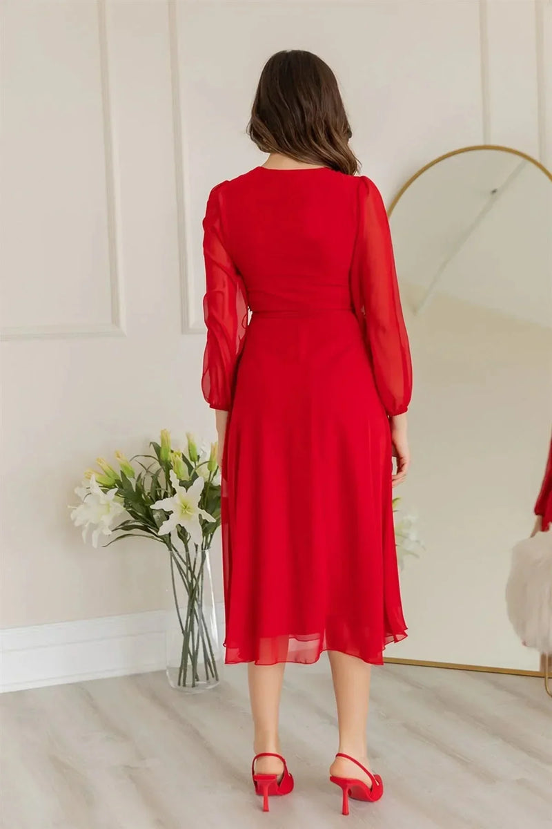 Women's Red Balloon Sleeve Wrap Midi Chiffon Dress