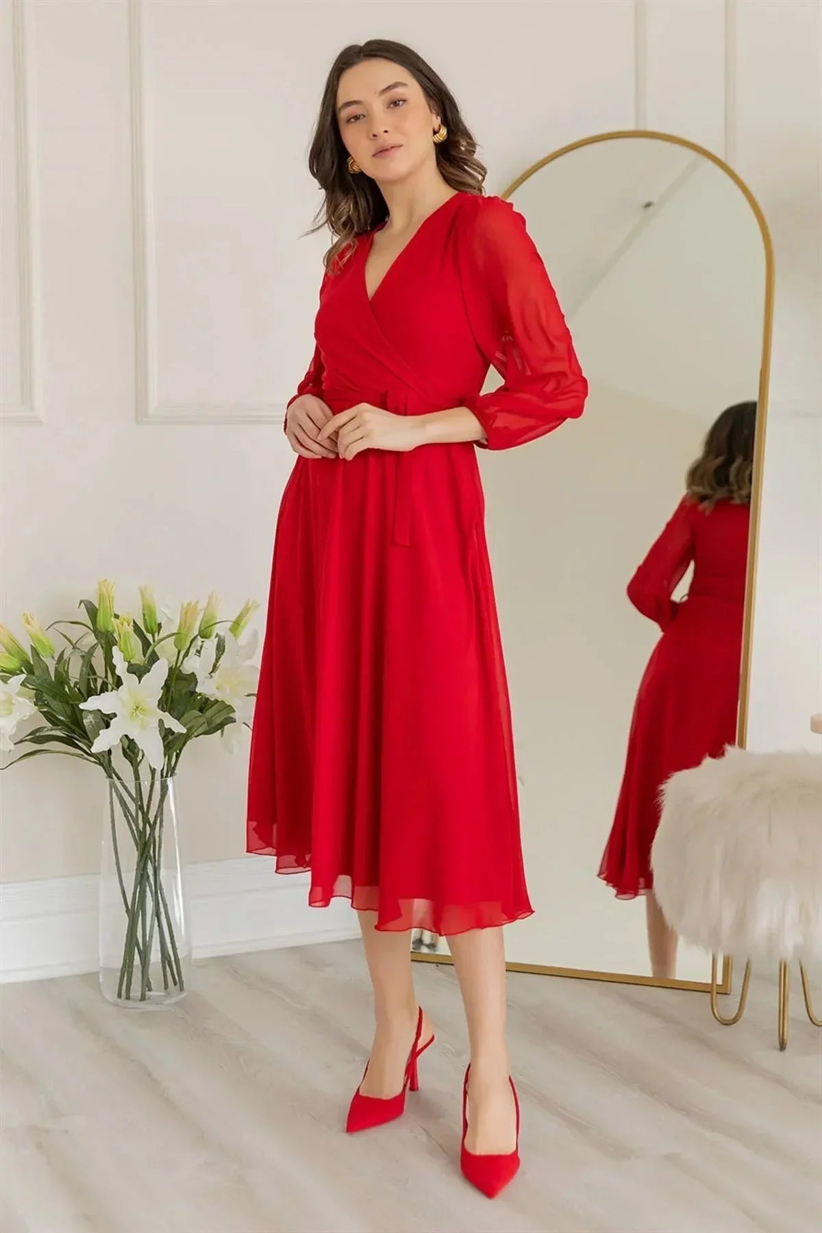 Women's Red Balloon Sleeve Wrap Midi Chiffon Dress