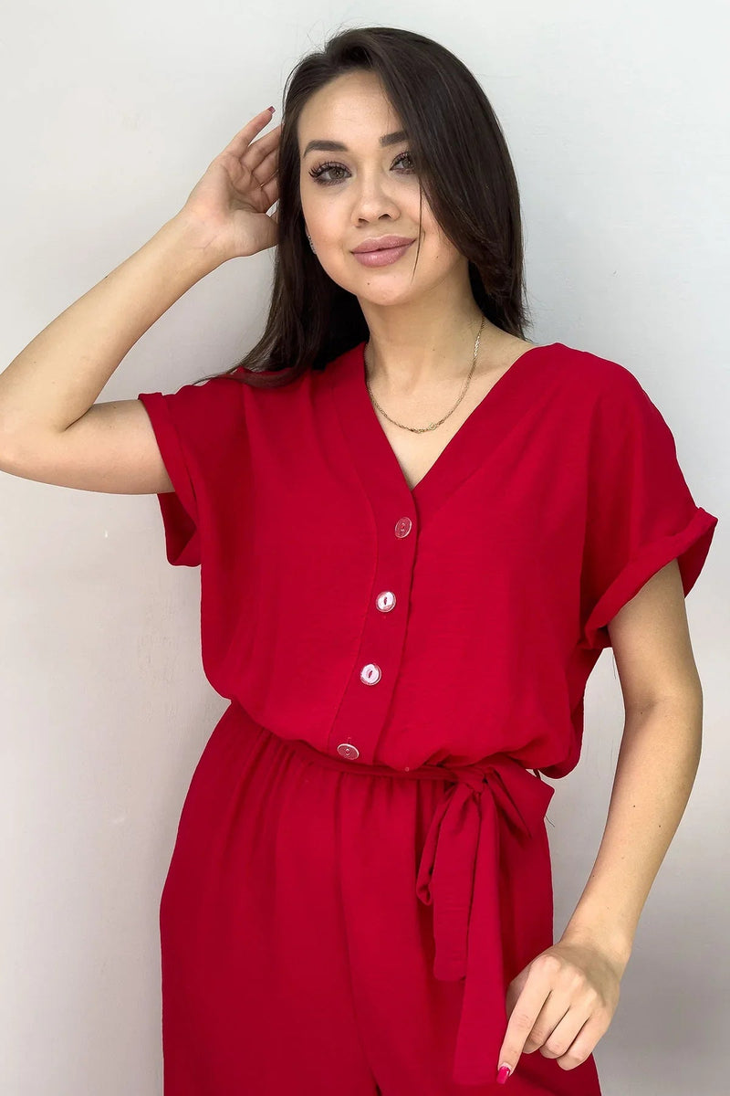 Women's Red Bol Paça Belted Jumpsuit
