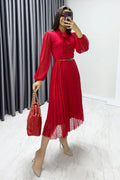 Red French Guipure Midi Evening Dress