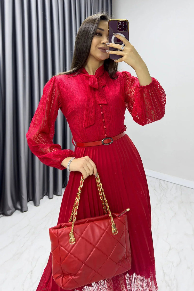 Women's Red Halter Tie Fransız Güpür Piliseli Evening Gown