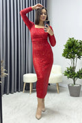 Red Square Neck Sequin Evening Dress