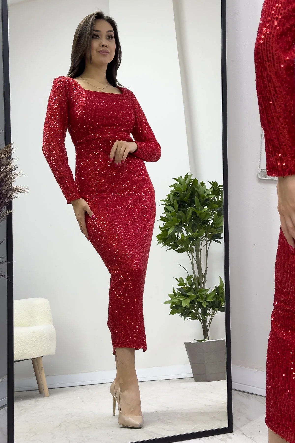 Women's Red Square Neck Sequin Evening Gown