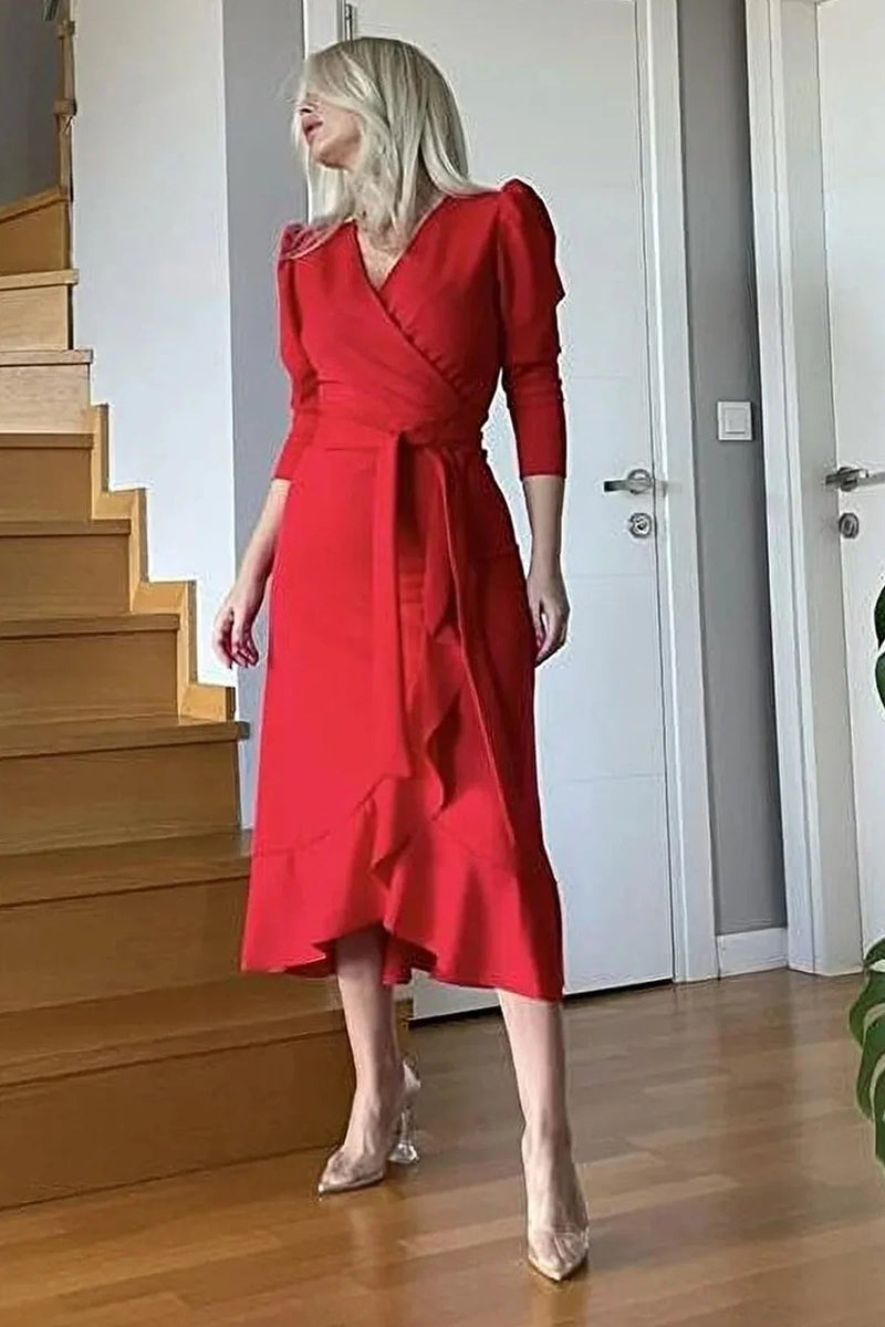 Women's Red Karpuz Sleeve Wrap Crepe Belted Plus Size Ruffled Dress