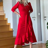 Red Crepe Midi Dress